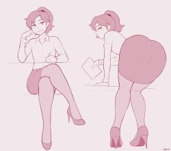 1boy absurdres ass bent_over bulge dross eyebrows high_heels highres huge_ass long_hair male_focus ponytail shirt simple_background sitting smile solo teeth trap rating:Questionable score:213 user:redlight1