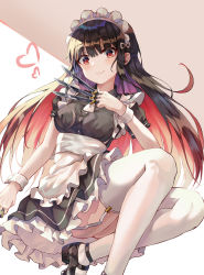  1girl absurdres apron bad_id bad_pixiv_id between_fingers black_dress black_footwear black_hair breasts buttons colored_inner_hair dagger dress frilled_dress frills garter_straps highres holding kerno knife long_hair looking_at_viewer maid maid_apron maid_headdress mary_janes medium_breasts multicolored_hair original red_eyes red_hair revision shoes short_sleeves smile solo thighhighs two-tone_hair waist_apron weapon white_thighhighs wing_collar wrist_cuffs  rating:Sensitive score:8 user:danbooru