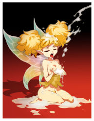  1girl blonde_hair breasts closed_eyes cum daga dragon&#039;s_crown facial fairy gradient_background nipples open_mouth pubic_hair sitting tiki_(dragon&#039;s_crown) twintails wings  rating:Explicit score:88 user:Otaota