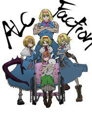  5girls absurdres alice_margatroid ascot asha blonde_hair blue_dress blue_eyes bois_de_justice boots brown_footwear brown_gloves capelet closed_eyes closed_mouth commentary_request cookie_(touhou) dies_irae dress fingerless_gloves food-themed_hair_ornament frilled_dress frilled_hairband frilled_necktie frilled_sash frills full_body gloves glowing glowing_eyes gun hair_ornament hairband handgun highres hinase_(cookie) holding holding_gun holding_weapon ichigo_(cookie) jigen_(cookie) looking_at_viewer medium_bangs medium_hair multiple_girls muscular muscular_female necktie open_mouth pink_ascot pink_hairband pink_necktie pink_sash red_hairband revolver sakuranbou_(cookie) sash sharp_teeth shinza_bansho_series short_hair simple_background sitting smile standing strawberry_hair_ornament stuffed_animal stuffed_rabbit stuffed_toy taisa_(cookie) teeth touhou weapon wheelchair white_background white_capelet 