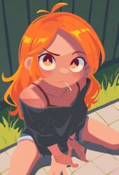  1girl bare_shoulders between_legs closed_mouth day hand_between_legs highres jewelry long_hair looking_at_viewer looking_up necklace off-shoulder_shirt off_shoulder on_ground orange_eyes orange_hair original outdoors shirt sitting solo takarai_shunsuke 