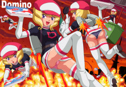  1girl aircraft ass black_theme blonde_hair boots breasts cabbie_hat clone clothes_writing creatures_(company) delivery domino&#039;s_pizza domino_(pokemon) drill_hair explosion flower food game_freak hat hot_air_balloon jetpack multiple_views name_connection nintendo panties pantyshot parody pink_panties pizza pokemoa pokemon pokemon_(anime) product_placement pun purple_eyes team_rocket thigh_boots thighhighs underwear uniform upskirt  rating:Questionable score:65 user:danbooru