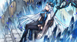  1girl black_dress black_gloves blue_eyes blue_lips braid breasts commentary crown dress english_commentary fate/grand_order fate_(series) french_braid gloves grey_hair highres holding holding_staff holding_weapon lankuchashuangjielong lips lipstick long_hair makeup medium_breasts morgan_le_fay_(fate) parted_lips pelvic_curtain sitting solo spikes staff very_long_hair weapon 