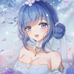 1girl :d bare_shoulders blue_eyes blurry blurry_background blush breasts bridal_veil bride cleavage collarbone crystal_rose_sona detached_sleeves double_bun dress flower hair_bun hair_flower hair_ornament heart highres large_breasts league_of_legends open_mouth petals portrait shiny_skin smile sona_(league_of_legends) veil vincente wedding_dress white_flower