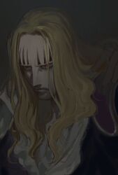  1boy basil_hawkins blonde_hair closed_mouth facial_mark faux_traditional_media forehead grey_background highres joie_(oe08_xx) long_hair looking_ahead male_focus one_piece portrait red_eyes serious simple_background solo wavy_hair 