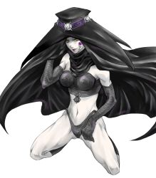  1girl bad_id bad_pixiv_id bare_shoulders black_gloves cape celtic_cross colored_skin crop_top cross elbow_gloves facial_mark flower gloves hat lipstick makeup navel pink_lips red_lips riko_(kujira215) scathach shin_megami_tensei simple_background solo white_background white_skin yellow_eyes 