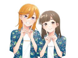  2girls blue_shirt brown_eyes brown_hair closed_mouth collared_shirt commentary_request date_sayuri hair_between_eyes hands_up height_difference highres index_fingers_raised looking_at_viewer love_live! love_live!_superstar!! multiple_girls open_clothes open_shirt orange_hair print_shirt purple_eyes shibuya_kanon shirt short_sleeves smile standing swept_bangs upper_body voice_actor voice_actor_connection wabe417 white_shirt 