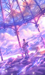  1girl acoustic_guitar ahoge arch architecture boots cloud collared_shirt commentary_request dress dutch_angle gazebo guitar highres instrument long_hair music original outdoors playing_instrument sakimori_(hououbds) scenery shirt solo standing tree 