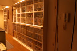  character_request collection display_case figure kitchen multiple_girls no_humans otaku_room photo_(medium) rich_otaku shelf wooden_floor 