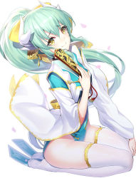  1girl blush bow closed_mouth commentary_request dragon_horns fate/grand_order fate_(series) folded_fan folding_fan full_body green_hair green_kimono hair_between_eyes hair_bow hand_fan hand_up high_ponytail highres holding holding_fan horns japanese_clothes kimono kiyohime_(fate) long_hair long_sleeves looking_at_viewer no_shoes petals ponytail ririko_(zhuoyandesailaer) seiza simple_background sitting smile soles solo thighhighs very_long_hair white_background white_thighhighs wide_sleeves yellow_bow yellow_eyes  rating:Sensitive score:11 user:danbooru