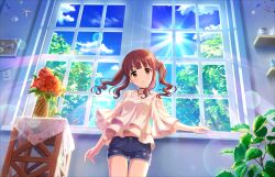  1girl choker cloud denim flower game_cg idolmaster idolmaster_cinderella_girls idolmaster_cinderella_girls_starlight_stage jewelry leaf necklace official_art ogata_chieri red_eyes red_hair seashell shell short_shorts shorts solo sun tree twintails window 