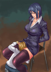  1boy 1girl age_difference arms_behind_back bdsm blue_hair bondage bound chair cunnilingus formal haipaman hetero looking_down mole mole_under_eye oral parted_lips pencil_skirt pinstripe_pattern pinstripe_suit purple_eyes short_hair shota sitting skirt striped suit teacher teacher_and_student thighhighs  rating:Explicit score:140 user:Alastor999