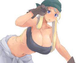 1girl :d bandana bandeau bare_shoulders blonde_hair blue_eyes breasts brown_gloves cleavage clothes_around_waist collarbone curvy fullmetal_alchemist gloves hanging_breasts highres huge_breasts leaning leaning_forward long_hair looking_at_viewer midriff minakami_(flyingman555) navel open_mouth simple_background smile solo stomach strapless sweat sweatdrop tube_top white_background winry_rockbell rating:Sensitive score:176 user:dmysta3000