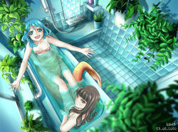 2girls :d aqua_eyes aqua_hair bath bathroom bathtub breasts brown_hair commentary commentary_request completely_nude from_above highres indoors llws long_hair looking_at_viewer looking_back looking_up mermaid mirror monster_girl multiple_girls nude open_mouth original outstretched_arms partially_submerged plant red_eyes same-sex_bathing shared_bathing shell shell_bikini short_hair shower_head smile spread_arms tile_floor tile_wall tiles towel_rack window rating:Sensitive score:14 user:danbooru