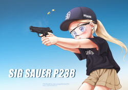 1girl aiming baseball_cap black-framed_eyewear black_hat black_shirt blonde_hair blue_background blue_eyes blush brown_shorts casing_ejection closed_mouth clothes_writing cocked_hammer colored_eyelashes commentary commentary_request company_name cowboy_shot ear_protection english_commentary finger_on_trigger firing floating floating_object from_side frown gradient_background gun hair_behind_ear handgun hat headwear_writing holding holding_gun holding_weapon kahis_(sweetbriar) blue_background logo looking_ahead merchandise mixed-language_commentary original over-rim_eyewear partial_commentary petite ponytail safety_glasses semi-rimless_eyewear serious shell_casing shirt short_sleeves shorts sig_sauer sig_sauer_p238 smoke smoking_barrel solo t-shirt two-handed watermark weapon weapon_name web_address white_background