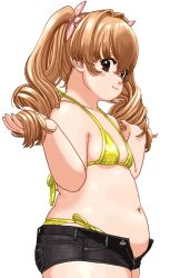  1girl anepizza-senpai belly bikini breasts brown_eyes brown_hair drill_hair from_side hair_intakes hair_ribbon kamisuki navel open_fly original playing_with_own_hair plump ribbon short_shorts shorts side-tie_bikini_bottom small_breasts solo standing swimsuit twin_drills twintails 