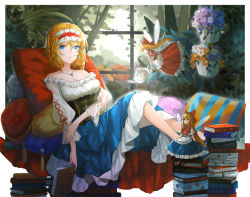  3girls :o alice_margatroid apron barefoot black_footwear blonde_hair blue_eyes book book_stack bookmark border bow bowtie breasts cleavage corset dress earrings flying frilled_dress frilled_hairband frilled_skirt frills full_body hair_between_eyes hair_bow hairband holding holding_book hourai_doll indoors jewelry long_hair long_skirt long_sleeves looking_at_viewer medium_breasts mini_person minigirl multiple_girls off-shoulder_shirt off_shoulder open_book parted_lips pillow plant potted_plant puffy_long_sleeves puffy_sleeves red_bow red_dress red_hairband red_neckwear shanghai_doll shirt short_hair sitting skirt tassel teapot touhou vase very_long_hair vetina waist_apron white_apron white_border white_shirt window wings  rating:Sensitive score:0 user:danbooru