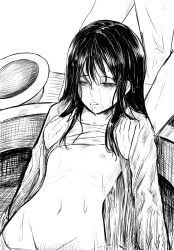  1boy 1girl asphyxiation bottomless clothes_lift commentary_request disorder! drooling drowning flat_chest greyscale highres lifting_person loli long_hair long_sleeves monochrome navel nipples open_mouth original shirt_lift sidelocks solo_focus wet 