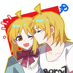  2girls ahoge blonde_hair bocchi_the_rock! bow bowtie chinese_commentary commentary_request ijichi_nijika ijichi_seika kiss kissing_cheek long_hair multiple_girls notice_lines one_eye_closed open_mouth red_background red_bow red_bowtie red_eyes shirt short_sleeves siblings sisters smile squiggle two-tone_background upper_body white_background white_shirt xmyishipi 