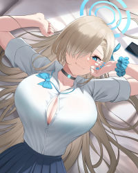 1girl aqua_eyes asuna_(blue_archive) bed_sheet black_choker blonde_hair blue_archive blue_bow blue_bowtie blue_eyes blue_nails blush bow bowtie breasts button_gap cellphone choker cleavage closed_mouth collarbone hair_ornament hair_over_one_eye highres huge_breasts jewelry kai_yuzuki large_breasts long_hair looking_at_viewer lying nail_polish on_back on_bed phone pleated_skirt school_uniform scrunchie shirt short_sleeves skirt smartphone smile solo very_long_hair white_shirt wrist_scrunchie rating:Sensitive score:113 user:danbooru