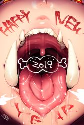 1girl 2019 body_writing boned_meat chibi chibi_inset close-up commentary_request fangs food glowing glowing_eyes happy_new_year looking_at_viewer lower_teeth_only meat minamoto_(mutton) mouth_focus new_year nose open_mouth original saliva sharp_teeth solo teeth tongue tongue_out upper_teeth_only uvula yellow_eyes rating:Sensitive score:123 user:danbooru