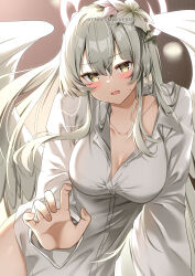  1girl absurdres angel_wings bad_id bad_pixiv_id blue_archive blush breasts buttons collared_shirt feathered_wings grey_hair hair_between_eyes halo highres large_breasts long_hair long_sleeves looking_at_viewer nagisa_(blue_archive) open_mouth pink_halo shirt solo white_shirt white_wings wings yamano_rokamizu yellow_eyes  rating:Sensitive score:7 user:danbooru