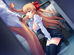  1boy 1girl alice2010 alice_soft bag bed between_legs black_footwear blonde_hair blurry blush bottomless bow breasts brown_eyes censored clothed_sex collared_shirt depth_of_field dutch_angle erection fellatio frilled_skirt frills futaba_shino game_cg grabbing_another&#039;s_hair hair_bow hand_between_legs haru_urare hetero indoors juliet_sleeves kneeling long_hair long_sleeves mary_janes nipples no_bra oral penis puffy_sleeves red_bow school_bag school_uniform shirt shoes skirt small_breasts standing thighhighs white_shirt zettai_ryouiki  rating:Explicit score:55 user:Aurora_
