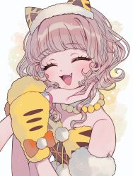  1girl :d ^_^ animal_ear_hairband animal_ears animal_hands ao_(ao0_0nemu) bad_id bad_twitter_id bow brown_hair cat_ear_hairband cat_ears closed_eyes facing_viewer fake_animal_ears fang gloves hairband hand_on_another&#039;s_chin hands_on_another&#039;s_arm hands_up highres open_mouth paw_gloves pov pov_hands pretty_series pripara short_hair smile solo_focus stroking_another&#039;s_chin taiyo_pepper upper_body yellow_bow yellow_gloves 