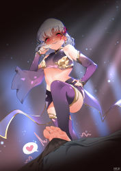  1boy 1girl absurdres barefoot blush bsue bulge earrings elbow_gloves fate/grand_order fate_(series) feet footjob gloves grin hair_ribbon hand_on_own_hip hetero highres jewelry kama_(fate) kama_(first_ascension)_(fate) looking_at_viewer pov purple_thighhighs red_eyes ribbon silver_hair smile stepped_on thighhighs toes  rating:Questionable score:33 user:danbooru