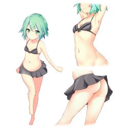  1girl armpits arms_up ass barefoot bikini black_bikini blush borrowed_character breasts green_eyes green_hair haishiki multiple_views navel original short_hair simple_background small_breasts swimsuit thighs white_background  rating:Questionable score:58 user:mattsoul