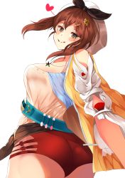 1girl absurdres artist_request ass atelier_(series) atelier_ryza bare_shoulders breasts brown_eyes brown_hair come_hither from_behind gloves hair_ornament hairclip hat heart highres jewelry large_breasts looking_at_viewer looking_back naughty_face necklace red_shorts reisalin_stout shiny_skin shirt short_hair short_shorts shorts sideboob single_glove smile solo star_(symbol) star_necklace tongue tongue_out rating:Sensitive score:2 user:armorcrystal