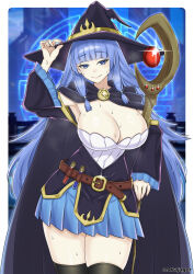  1girl absurdres armpits belt black_robe black_thighhighs blue_eyes blue_hair blue_skirt breasts charlotte_wraith cleavage dress endrajager03 eyebrows_hidden_by_hair feet_out_of_frame gem hand_on_headwear hat highres holding holding_staff large_breasts lipstick long_hair looking_at_viewer mage_staff magic_circle makeup pleated_skirt red_gemstone robe seductive_smile signature skindentation skirt smile solo staff sweat tensei_kizoku_kantei_skill_de_nariagaru thighhighs very_long_hair vial white_dress witch_hat  rating:Sensitive score:8 user:danbooru