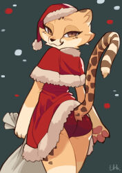  1girl absurdres ass blue_background body_fur brown_eyes capelet cheetah_girl cheetah_tail christmas clothing_cutout dress female_focus from_behind fur-trimmed_capelet fur-trimmed_dress fur_trim furry furry_female half-closed_eyes hat highres holding holding_sack kadim looking_back original panties pawpads red_capelet red_dress red_panties sack santa_hat simple_background smile snow solo tail tail_lift tail_through_clothes thighs underwear 