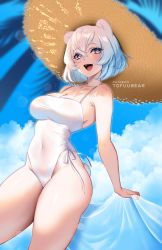 1girl absurdres bare_shoulders blush breasts cleavage collarbone highres looking_at_viewer medium_breasts one-piece_swimsuit open_mouth short_hair smile solo swimsuit thighs tofuubear white_one-piece_swimsuit rating:Sensitive score:54 user:danbooru