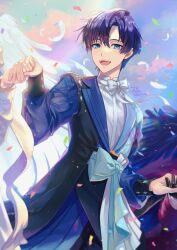  1boy :d a3! artist_name black_gloves black_hair blue_eyes bow bowtie cloud confetti day feathers gloves highres holding_hands idol_clothes long_sleeves male_focus open_mouth smile standing taka_banyaaa tsukioka_tsumugi white_bow white_bowtie white_feathers 