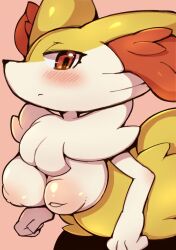  1girl :&lt; animal_ear_fluff animal_ears animal_nose black_fur blush body_fur braixen breasts closed_mouth completely_nude cowboy_shot creatures_(company) female_focus fox_ears fox_girl fox_tail furry furry_female game_freak gen_6_pokemon half-closed_eyes inverted_nipples large_breasts leaning_forward looking_at_viewer multicolored_fur neck_fur nekoyuu nintendo nipples nude pink_background pokemon pokemon_(creature) puffy_nipples red_eyes sideways_mouth simple_background snout solo standing tail white_fur yellow_fur 