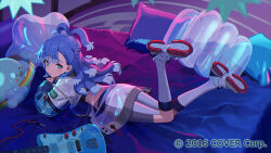  1girl blanco026 blue_eyes blue_hair blue_theme colored_tips electric_guitar guitar hololive hololive_indonesia hood hoodie instrument jacket kobo_kanaeru long_hair looking_at_viewer lying multicolored_hair official_art on_bed on_stomach pants see-through see-through_jacket see-through_sleeves solo tight_clothes tight_pants two-tone_hair virtual_youtuber wavy_hair white_hair white_hoodie white_jacket white_pants 