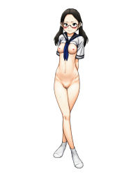 1girl arms_behind_back black_eyes black_hair blush bottomless breasts cleft_of_venus clothes_lift crossed_legs embarrassed female_focus full_body glasses highres long_hair looking_at_viewer low_twintails maburu medium_breasts navel neckerchief nipples open_clothes original pussy red-framed_eyewear school_uniform semi-rimless_eyewear serafuku shirt shirt_lift simple_background socks solo standing sweat twintails uncensored under-rim_eyewear white_background rating:Explicit score:47 user:sytalidis