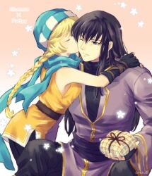  1boy 1girl bare_shoulders belt black_hair blonde_hair blue_scarf braid braided_ponytail breasts brown_belt character_name commentary couple fingerless_gloves fire_emblem fire_emblem:_genealogy_of_the_holy_war gloves gradient_background grey_eyes hat hetero hug implied_kiss long_hair nintendo one_eye_closed pants patty_(fire_emblem) scarf shannan_(fire_emblem) single_braid small_breasts upper_body usachu_now 