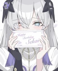  1girl black_gloves blue_eyes blush card cevio character_name covering_own_mouth dated embarrassed fingerless_gloves flower-shaped_pupils gloves hair_between_eyes happy_birthday heterochromia highres histoire-ange holding holding_card jacket kamitsubaki_studio long_hair looking_at_viewer red_eyes sekai_(cevio) sidelocks simple_background single_glove solo straight_hair symbol-shaped_pupils upper_body white_background white_hair white_jacket zipper_pull_tab 