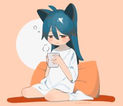 1girl animal_ears antenna_hair artist_name bad_id bad_tumblr_id blue_hair blush_stickers cat_ears cat_girl cat_tail closed_mouth cup dark_blue_hair drink from_side full_body hair_between_eyes half-closed_eyes hands_up head_down holding holding_cup long_hair looking_down niwabuki original pillow pink_background red_eyes ruka_(niwabuki) shirt short_sleeves signature simple_background sitting sleepwear sleepy smile socks solo steam tail two-tone_background wariza white_shirt white_socks rating:Sensitive score:9 user:danbooru