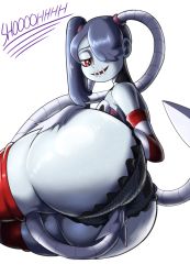 1girl ass blue_hair blue_skin colored_skin detached_sleeves hair_over_one_eye highres huge_ass leviathan_(skullgirls) pltnm_ghost red_eyes side_ponytail simple_background skullgirls smile squigly_(skullgirls) stitched_mouth stitches zombie rating:Questionable score:63 user:iceguy