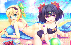 10s 2girls 33paradox :d :p ass back ball bare_shoulders barefoot beach beachball bikini black_hair blonde_hair blue_eyes blush butt_crack cherry day edna_(tales) feet flat_chest food fruit hair_ornament hair_ribbon hairband hairclip heart highres inflatable_dolphin inflatable_toy looking_at_viewer lying midriff multiple_girls ocean open_mouth purple_eyes ribbon short_hair side_ponytail sitting smile soles strap_slip swimsuit symonne_(tales) tales_of_(series) tales_of_zestiria tongue tongue_out twintails umbrella wariza rating:Sensitive score:44 user:wereAR