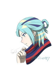  1boy arice487 blue_scarf breath commentary_request creatures_(company) from_side game_freak green_eyes green_hair grusha_(pokemon) hand_up highres looking_down male_focus nintendo parted_lips pokemon pokemon_sv portrait scarf solo striped_clothes striped_scarf twitter_username white_background 