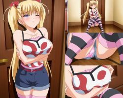  00s 1girl akizuki_airi blonde_hair blush breast_hold breasts cleavage close-up covered_erect_nipples cowboy_shot feet_out_of_frame female_focus head_out_of_frame knees_together_feet_apart large_breasts lower_body multiple_views nipples one_eye_closed oni_chichi panties pantyshot pink_panties screencap shorts shy sitting socks solo standing striped_legwear thighhighs underwear upshorts wet wet_clothes wet_panties wince wink  rating:Questionable score:268 user:Furio
