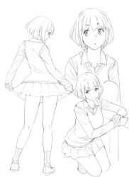  1girl clothes_lift collared_shirt dress_shirt full_body hand_on_own_wrist kneepits lifting_own_clothes lineart looking_at_viewer looking_back multiple_views original parted_lips profile ribbed_socks ryuuta_(msxtr) school_uniform shirt shoes short_hair sideways_glance skirt skirt_lift smile socks squatting standing sweater_vest upper_body 