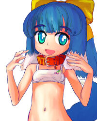  1girl :d animal_collar animal_ears aqua_eyes blue_eyes blue_tail bow bra cherry_print collar dog_ears dog_girl dog_tail floppy_ears food_print hair_bow hands_up highres inu-t medium_hair multicolored_eyes multicolored_tail navel nt-tan open_mouth os-tan red_collar simple_background smile solo tail tail_raised tsukiyono_aroe underwear white_background white_bra white_tail yellow_bow 