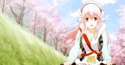  10s 1girl animated animated_gif bicycle cherry_blossoms cloud female_focus long_hair lowres pink_hair red_eyes sky solo soniani super_sonico  rating:Sensitive score:7 user:nevar