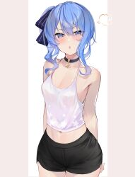  1girl :o arms_behind_back black_choker black_shorts blue_eyes blue_hair blush breasts camisole choker cleavage collarbone commentary_request cowboy_shot hair_ribbon highres hololive hoshimachi_suisei navel omoti_(1201208) puff_of_air ribbon short_shorts shorts side_ponytail small_breasts solo star_(symbol) star_in_eye star_print symbol_in_eye v-shaped_eyebrows virtual_youtuber white_camisole 