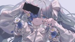  1girl absurdres blue_background blue_eyes blue_flower blue_hair blue_nails bow bowtie cellphone commentary_request facing_viewer flower flower_over_eye frilled_sleeves frills hair_bow hand_on_own_face hands_up hatsune_miku highres holding holding_phone lemontea long_hair long_sleeves looking_to_the_side nail_polish parasite_(vocaloid) parted_lips petals phone puffy_long_sleeves puffy_sleeves shirt simple_background smartphone solo tearing_up tears twintails upper_body vocaloid white_bow white_bowtie white_flower white_shirt wiping_tears 